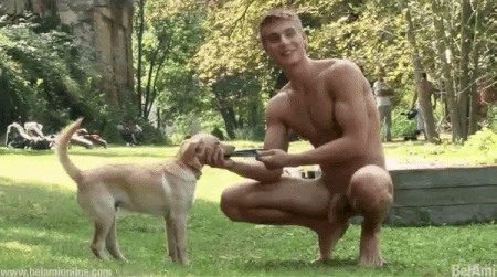 nude men squats cock and balls hanging with dog.gif