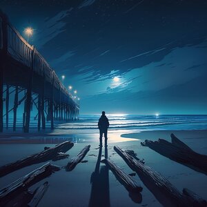 Firefly A nighttime image of an unlit beach, beneath a splintery old dock. The silhouette of a...jpg