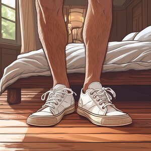 Firefly a pair of bare hairy men's legs wearing white untied battered sneakers standing on a h...jpg