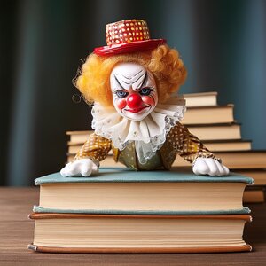 Firefly a photorealistic victorian clown doll with a slightly menacing expression; it is frown...jpg